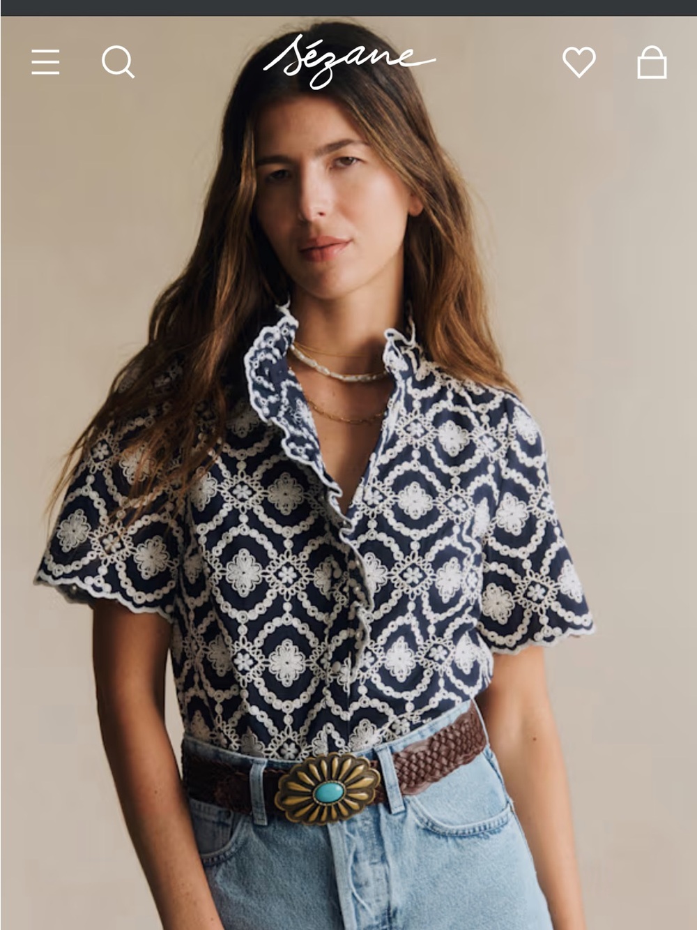 Sezane Navy and White Lace-Patterned Short Sleeve Blouse